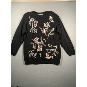 Vintage Grandma Sweater Black Pink‎ Floral Chunky Knit Alfred Dunner Large